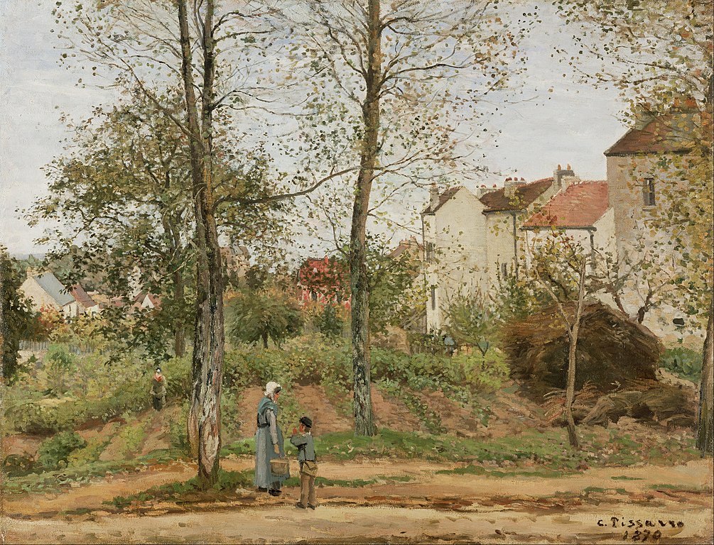 Toile de Camille Pissarro "Maisons à Bougival (Automne)" (1870) au Getty Center, musée d'art de Los Angeles.