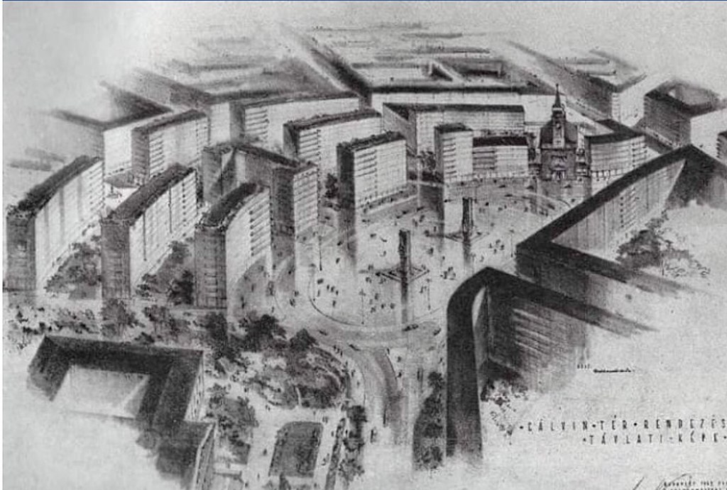 Plan de reconstruction en 1948 du quartier autour de Kalvin ter à Budapest.