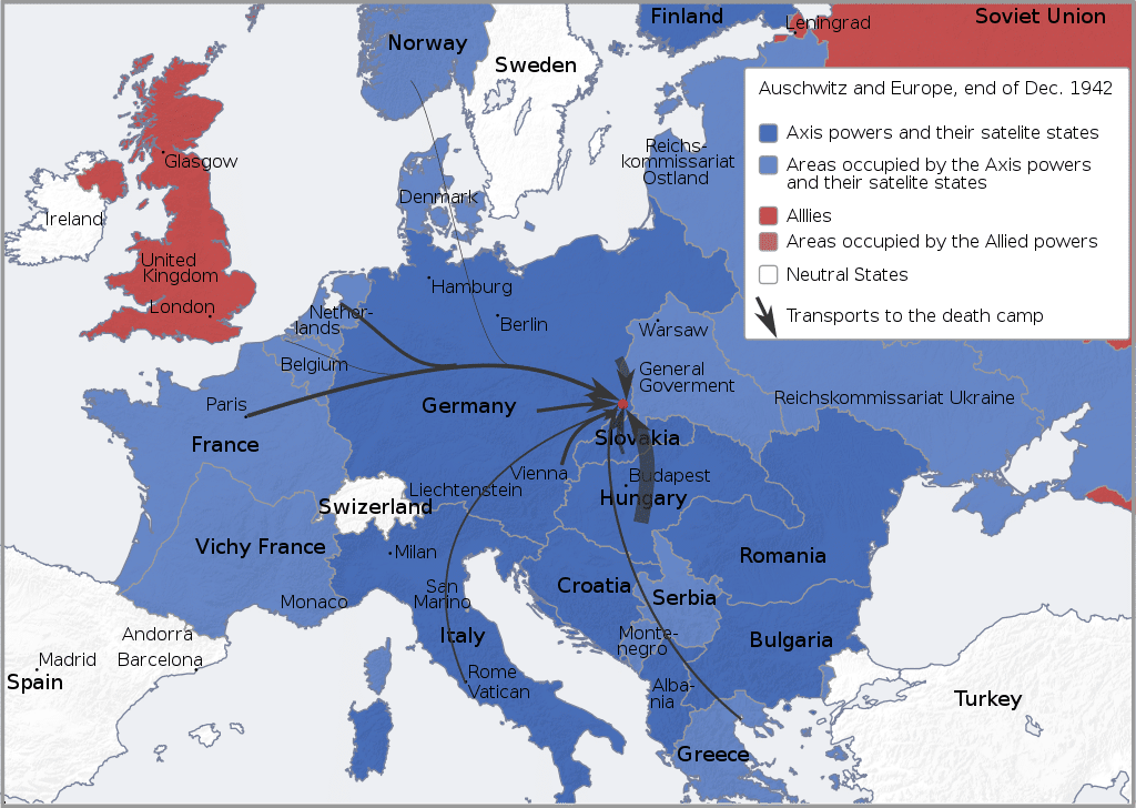 Carte de l'Europe avec Auschwitz et la provenance des principales victimes.