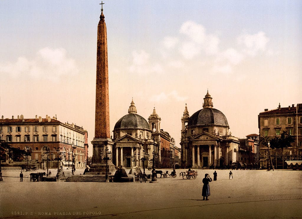 Piazza del Popolo à Rome avec son obélisque et ses églises jumelles vers 1895.