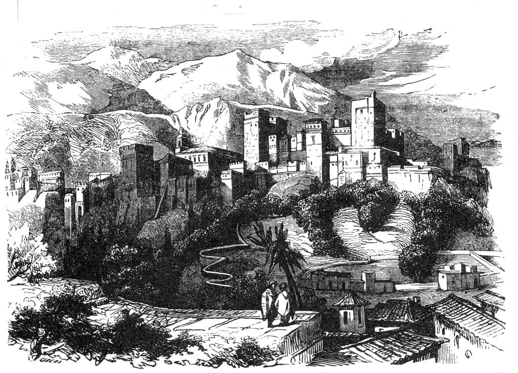 Illustration de l'Alhambra à Grenade avec les montagnes en arrière fond.