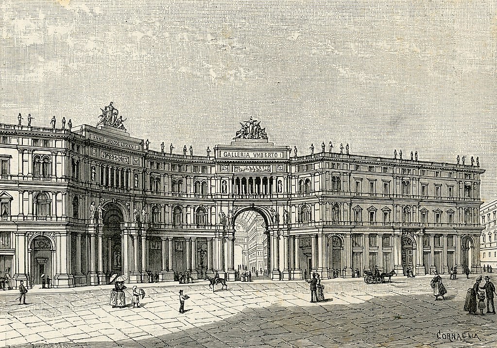 Façade de la Galerie Umberto I à Naples - Dessin de Carlo Cornaglia