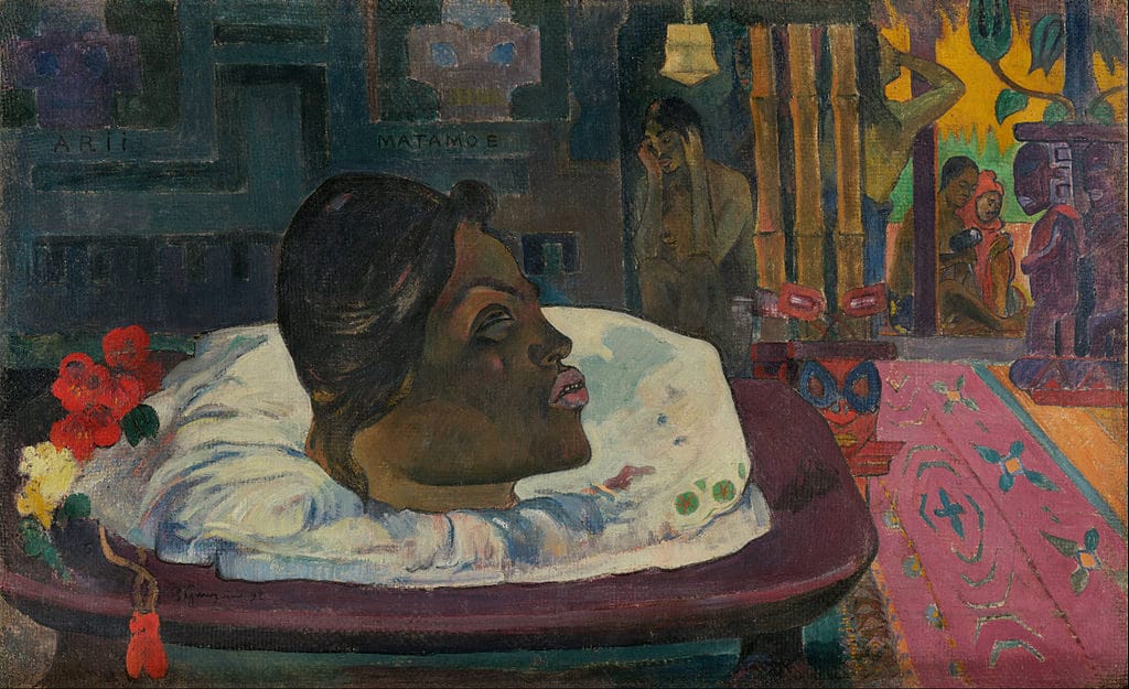 Toile de Paul Gauguin "Arii Matamoe (La fin royale)" (1892) au Getty Center, musée d'art de Los Angeles. 