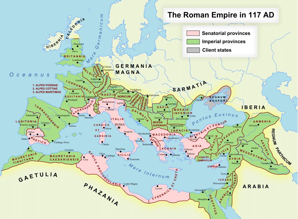 Carte de l'empire romain à son apogée en 117.