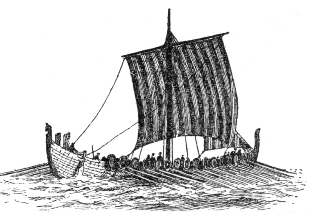 Illustration d'un drakkar viking, bateau capable de naviguer sur mer comme de remonter les fleuves et rivière.