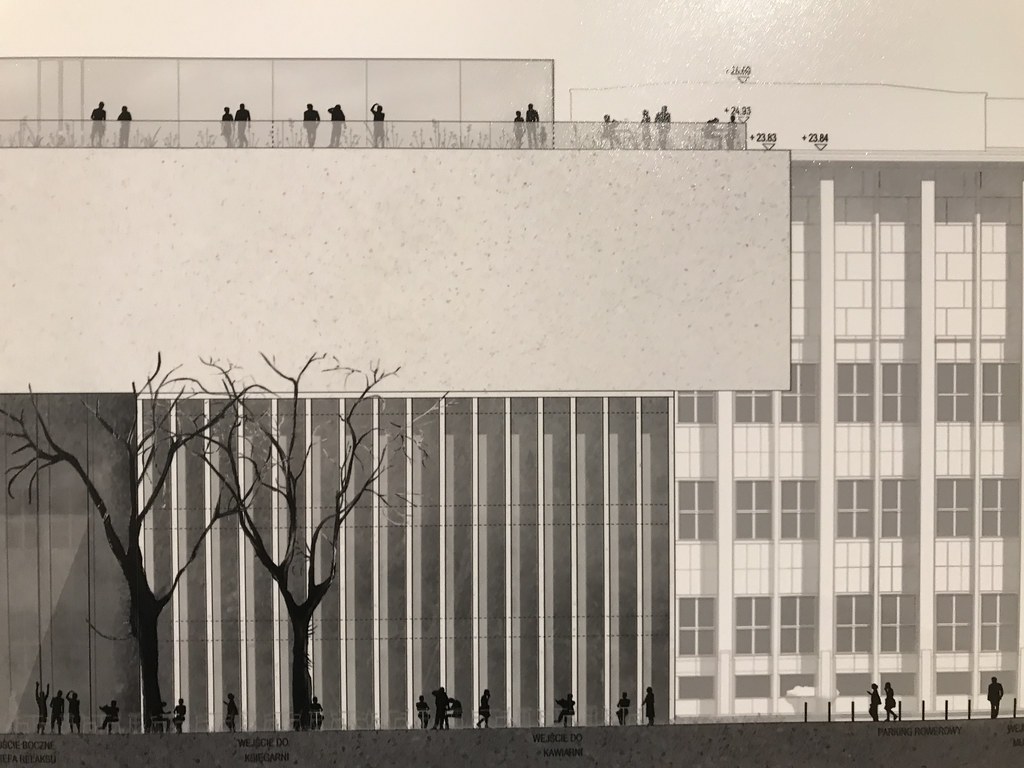 Vue de coupe du projet choisi pour le musée Wyspianski à Cracovie avec une terrasse panoramique sur le toit.