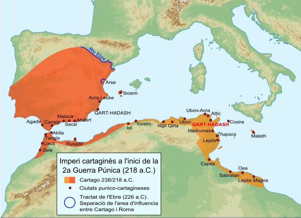 Carte du territoire sous la domination de Carthage avant la 2e guerre punique (-218 avant Jésus Christ).