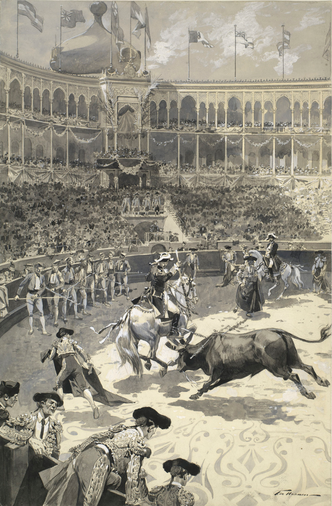 Tauromachie à Campo Pequeno, à Lisbonne, en présence du roi Édouard VII et du roi Carlos, le 6 avril 1903