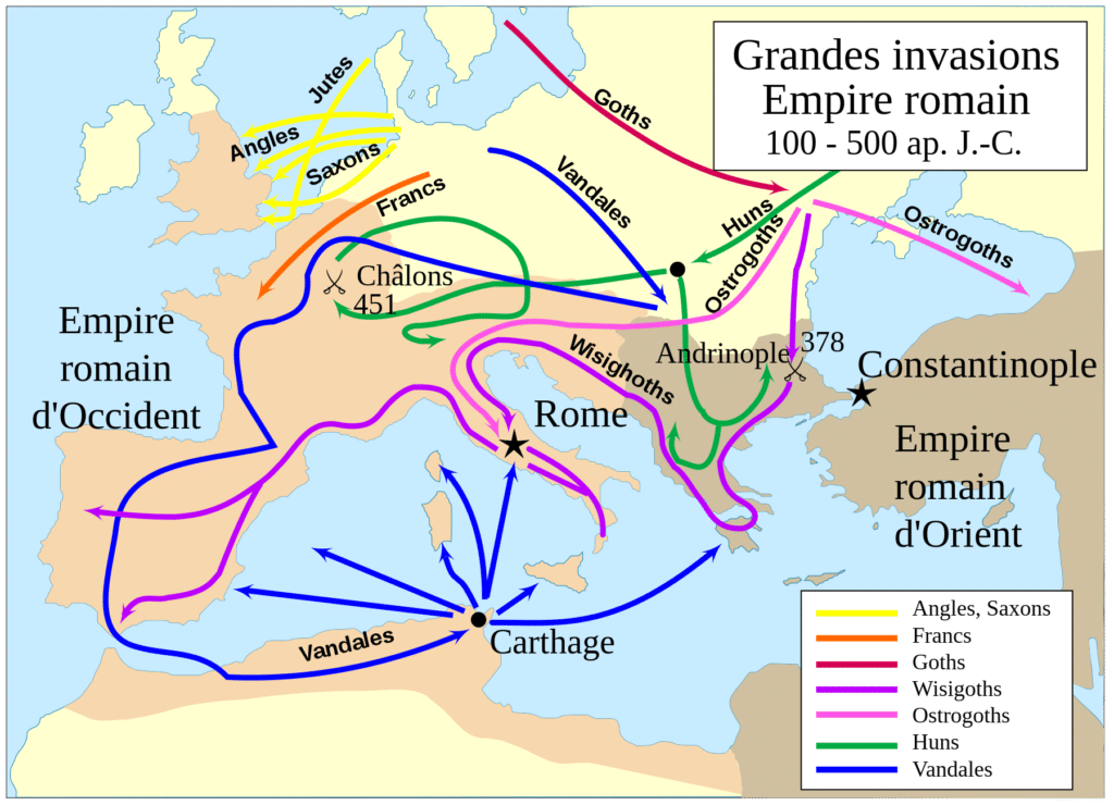 Carte des grandes invasions barbares en Europe de 100 à 500 après JC.