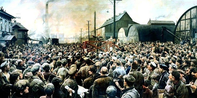 Discours de Lénine devant l'usine Putilov en mai 1917 (en non pas devant la gare de Finlande). Photo d'Isaak Brodsky