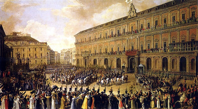 Toile de Paolo Albertis "Retour à Naples de Ferdinand I" avec une foule devant le Palais Royal.