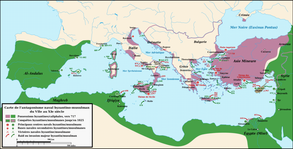 Partage de la Méditerranée entre L'empire islamique et l'empire byzantin du 7e au 11è siècle.