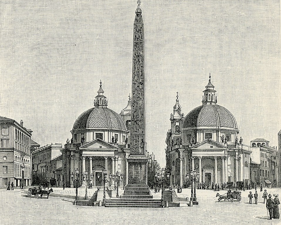 Santa Maria in Montesanto et Santa Maria dei Miracoli de part et d'autre de l'obélisque sur la Piazza del Popolo à Rome.