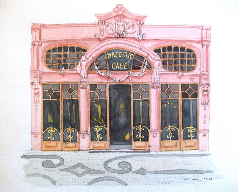 Lieux d'inspiration pour la création d'Harry Potter : Aquarelle du Café Majestic à Porto - Photo de Guy Moll