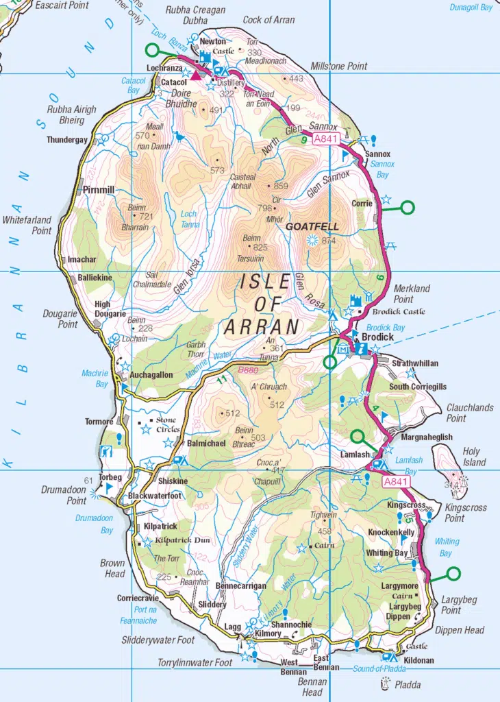 Carte de l'Isle d'Arran en Ecosse - Contains Ordnance Survey data © Crown copyright and database right