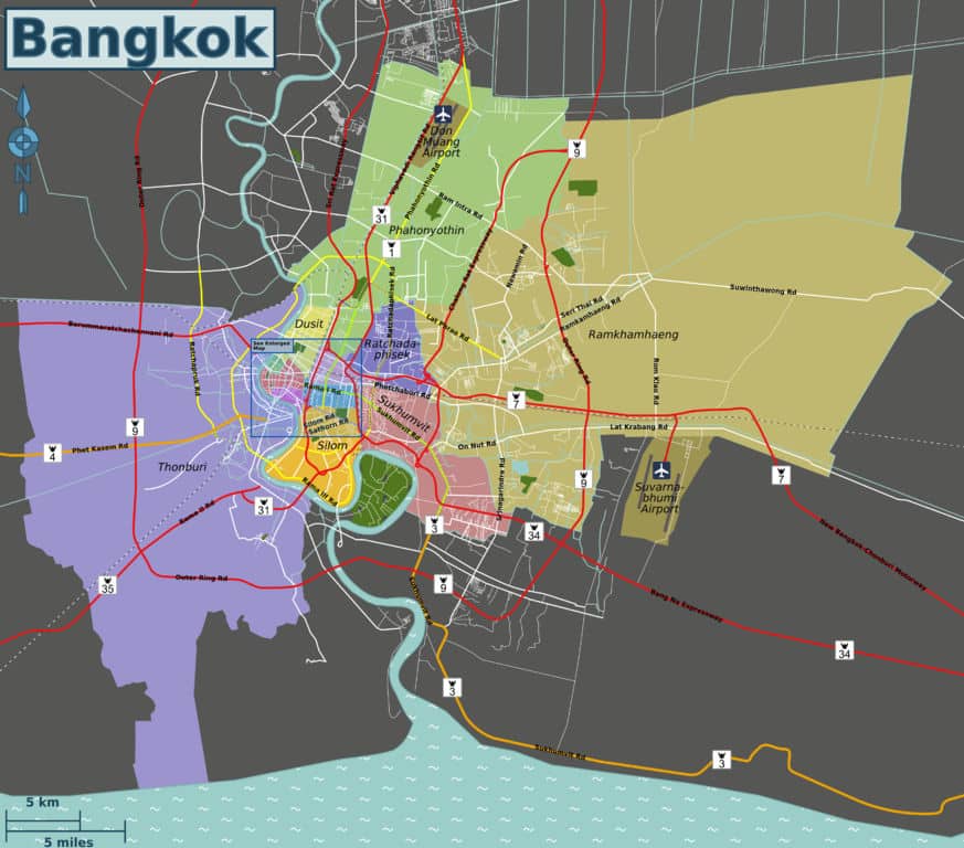 Carte de Bangkok avec les différents quartiers de la capitale thailandaise. Image Globe-trotter.