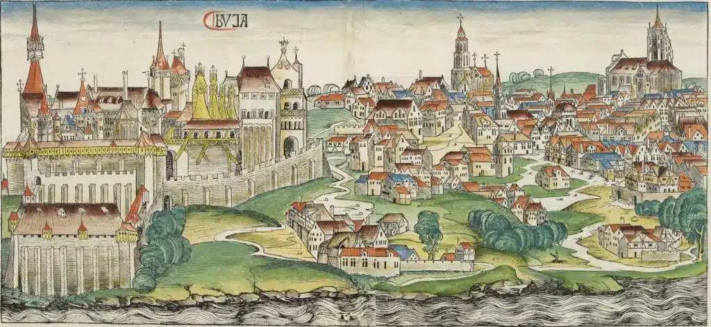 Illustration du chateau de Budapest en 1493 dans les Chroniques de Nuremberg.