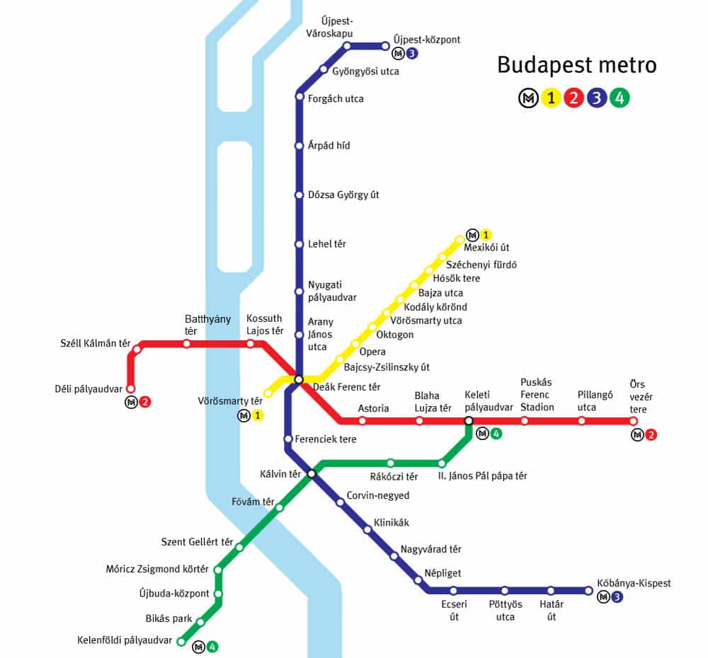 Carte du réseau de métro à Budapest.