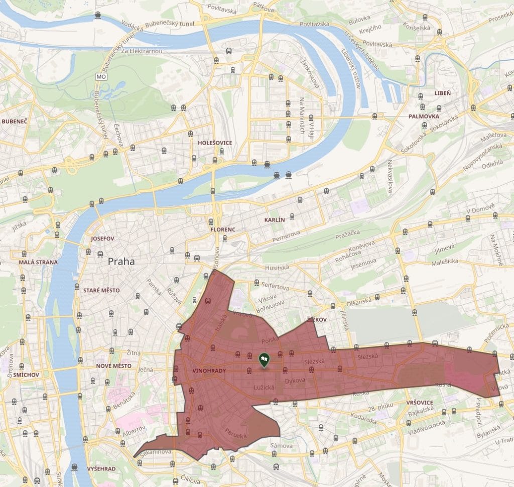 Carte du quartier de Vinohrady à Prague.