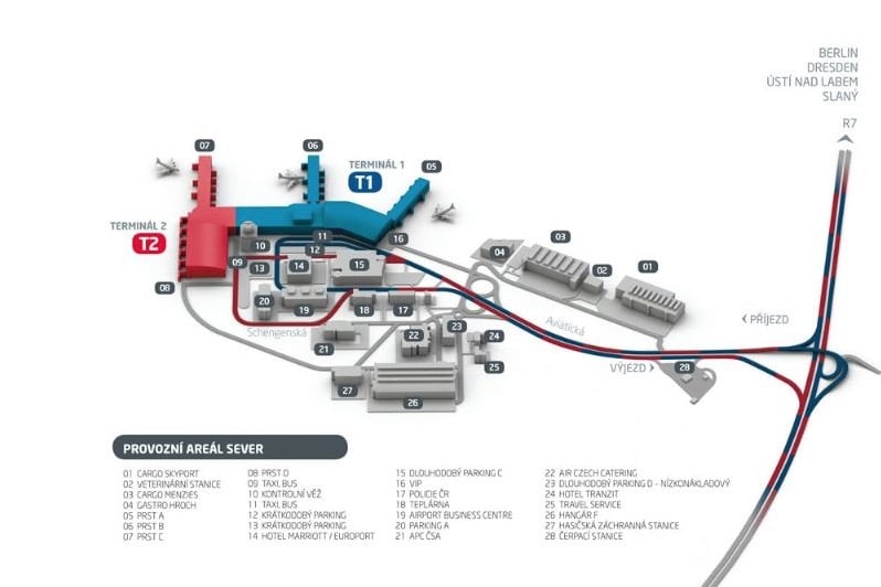 Carte des différents terminaux de l'aéroport de Prague - Image Prg.aero