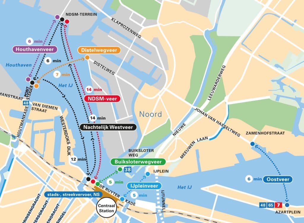 Carte des ferrys gratuits reliant le nord d'Amsterdam.