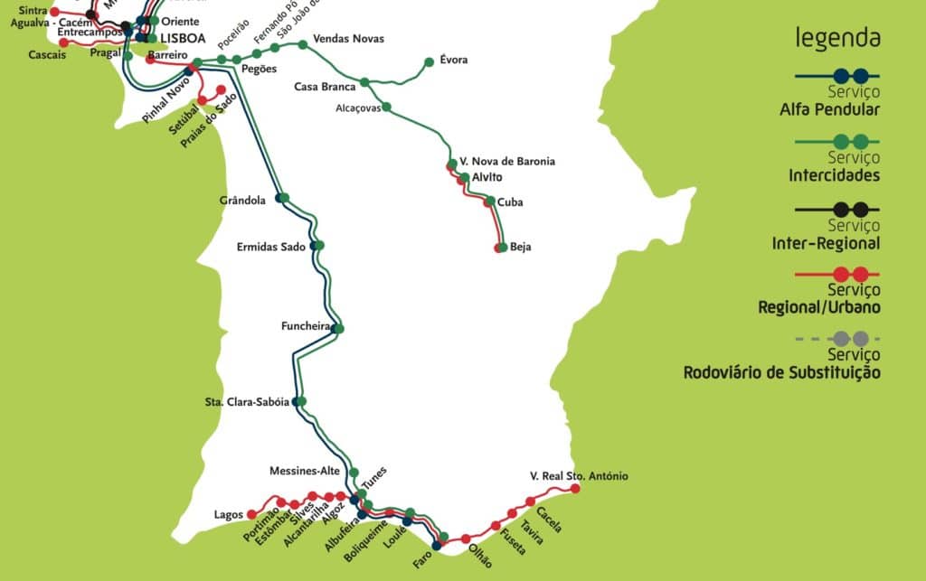Carte du réseau ferroviaire au sud du Portugal. 