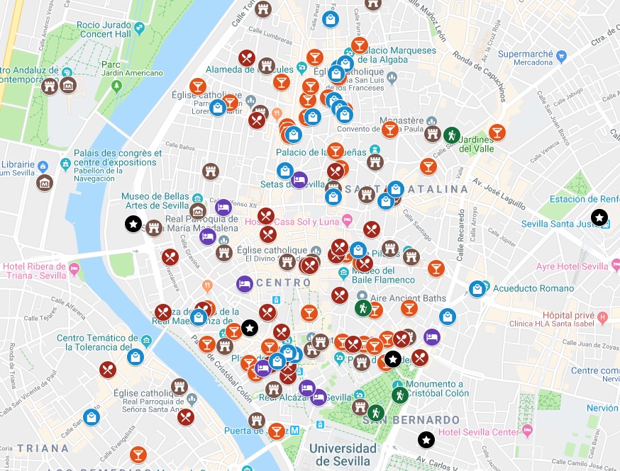 Carte de Séville : Plan détaillé de lieux sympas