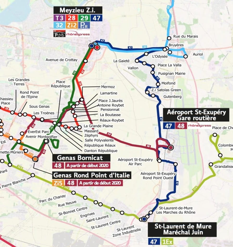 Carte TCL des liaisons en direction de l'aéroport (ligne 48 accessible début 2020).