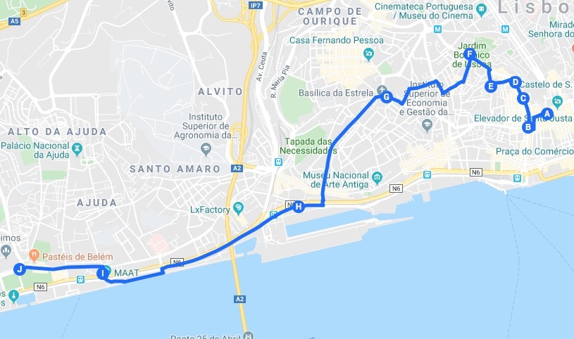 Itinéraire jour 2 : Proposition de parcours pour visiter Lisbonne.