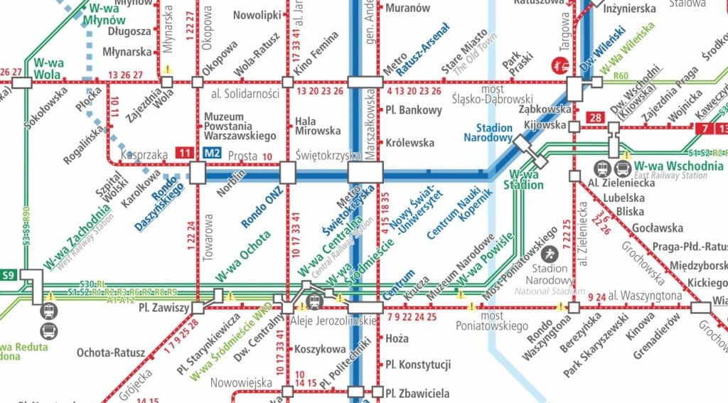 Télécharger la carte du réseau de métros et tramways à Varsovie en 2020.