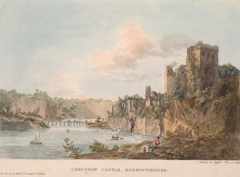 Lieux d'inspiration pour la création d'Harry Potter : Le château de Chepstow sur une gravure du 18e siècle.