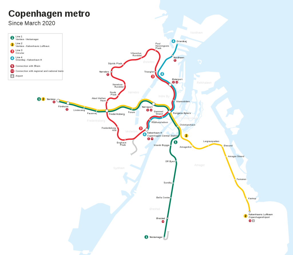 Carte du métro de Copenhague en 2020 avec l'aéroport comme terminus de la ligne M2 : Lufthavnen.