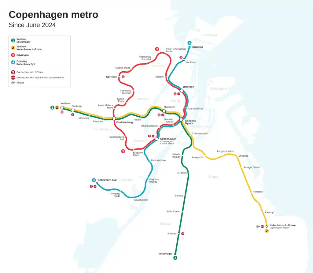 Carte du métro de Copenhague en 2026 avec l’aéroport comme terminus de la ligne M2 : Lufthavnen. Image de Tomtom - Licence ccbysa 4.0
