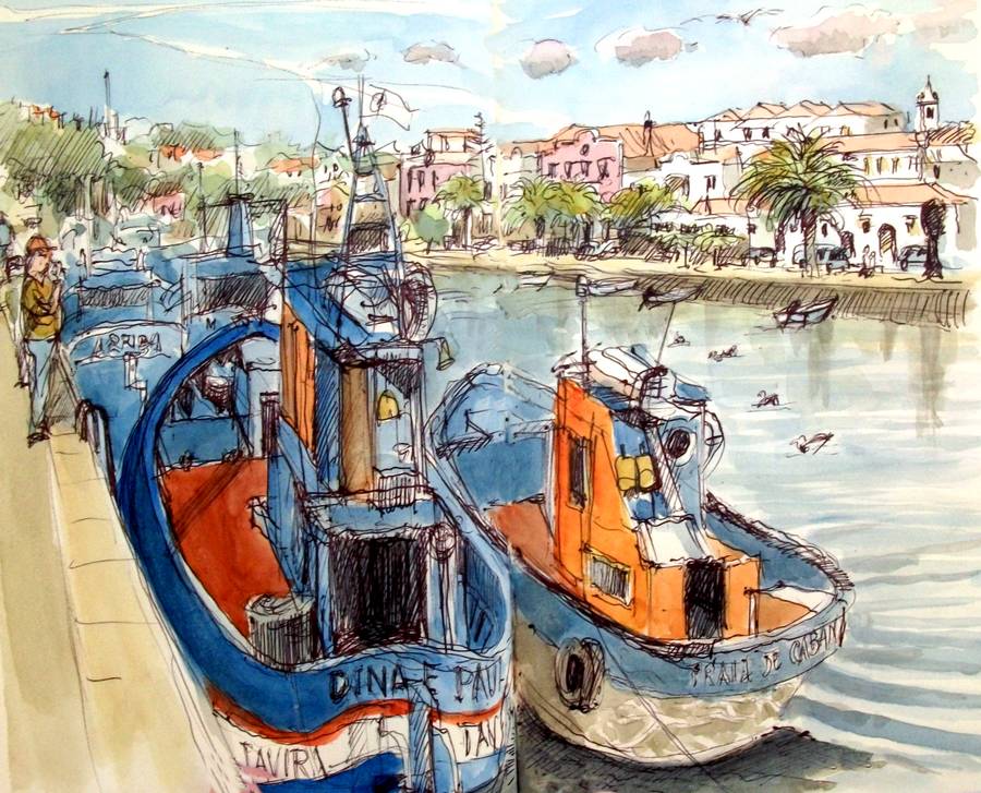 Croquis de bateaux de pêche dans la ville de Tavira à côté de Faro par Guy Moll