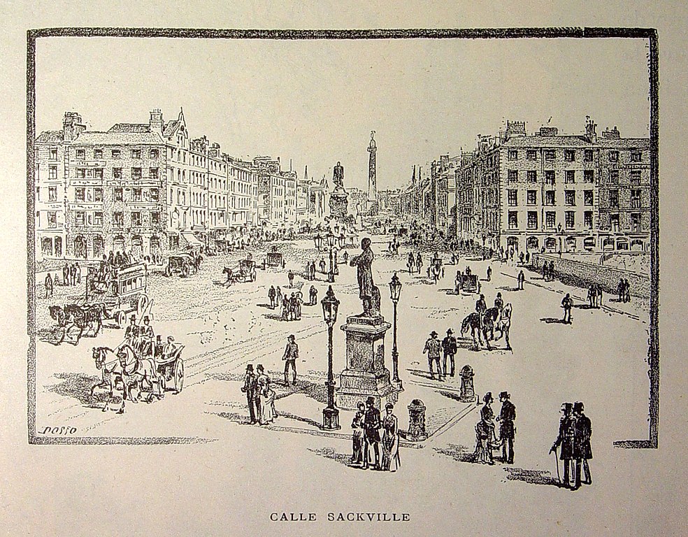 Illustration de Sackville street, l'ancien nom d'O'Connell street à Dublin vers 1886.