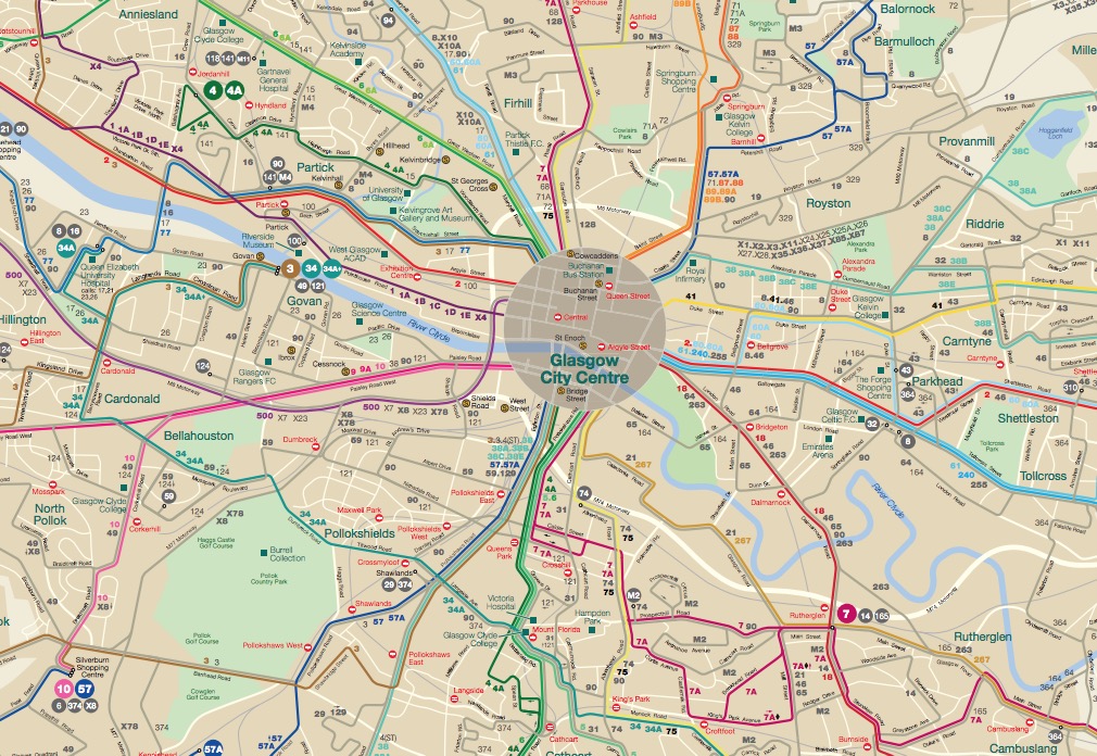 Carte du réseau de bus à Glasgow.