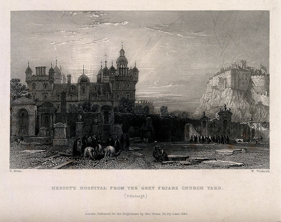 Lieux d'inspiration pour la création d'Harry Potter : Vue sur l'Heriot's Hospital d'Edimbourg et sur le chateau depuis Grey Friars Church (1836) par W. Woolnoth et T. Allom