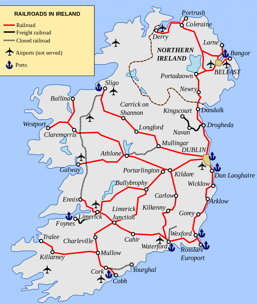 Carte du réseau ferroviaire en Irlande.