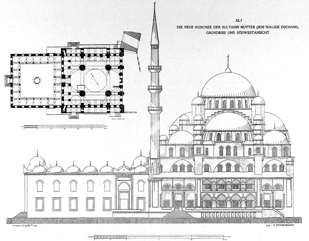 Plan de coupe de la Mosquée Neuve à Istanbul par Cornelius Gurlitt en 1912.