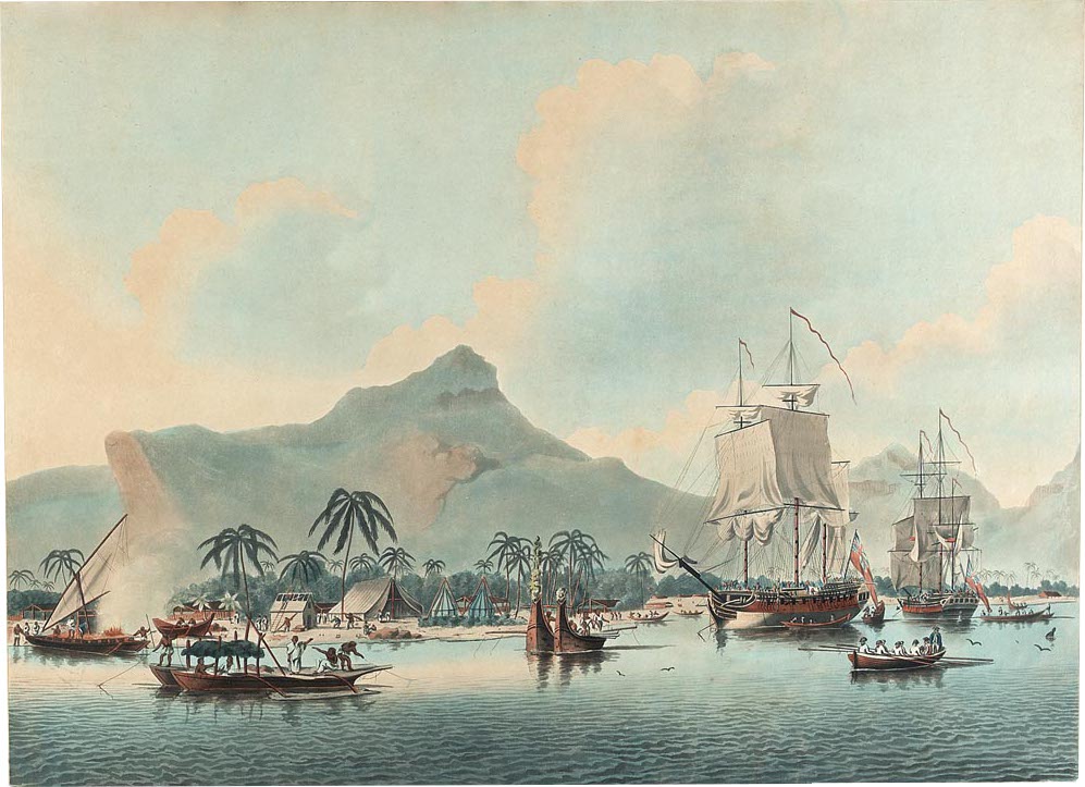 Paysage du Pacifique, illustration de John Cleveley the Younger et Francis Juke au National Maritime museum de Greenwich à Londres.