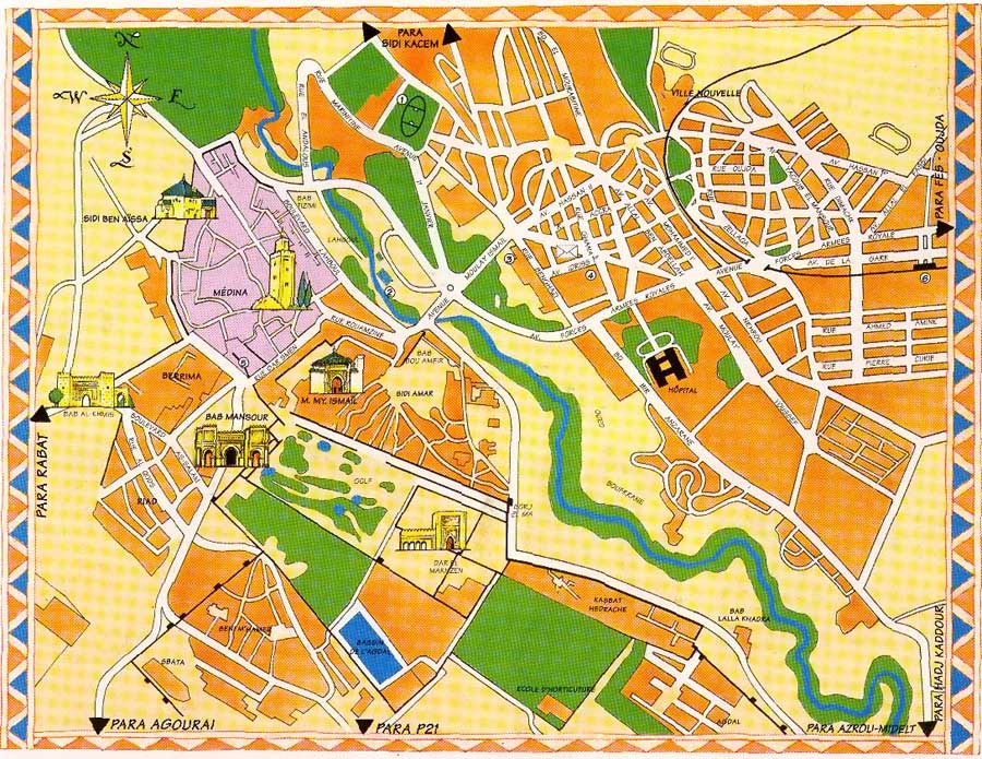 Carte de Meknes avec la Nouvelle Ville (gare) à l'ouest (à droite) et la médina et la Vieille Ville à l'est (à gauche).