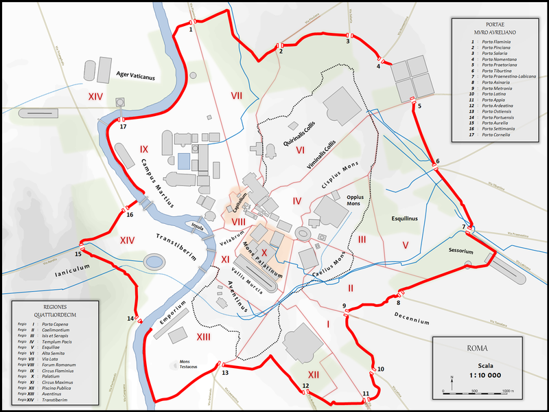 Carte du mur d'Aurélien à Rome à l'antiquité pour vous donner une idée - Image de Cassius Ahenobarbus