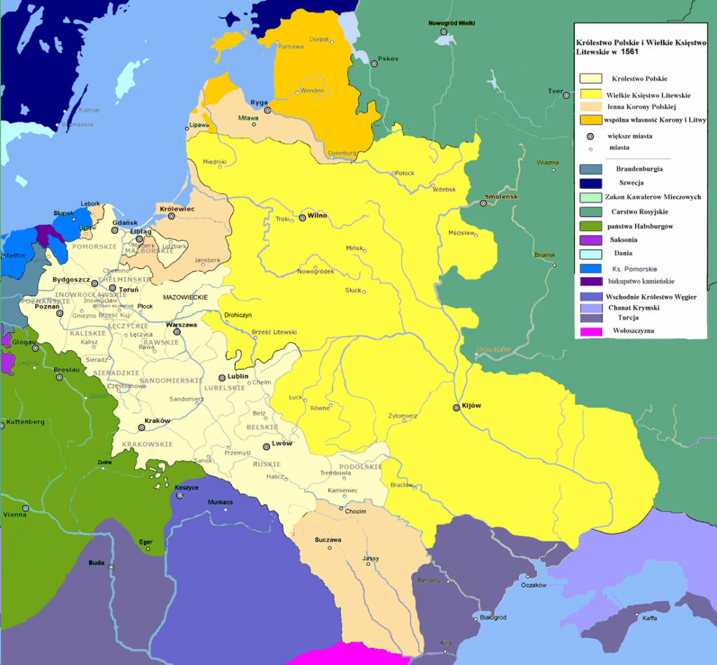 Carte de la Pologne et Lituanie en 1561 - Image de Maciej Szczepańczyk based on layers of user:Halibutt