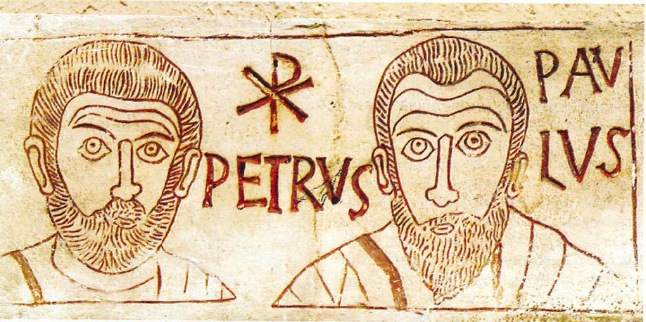 Fresque représentant Saint Pierre et Saint Paul se trouvant dans les catacombes au sud de Rome.