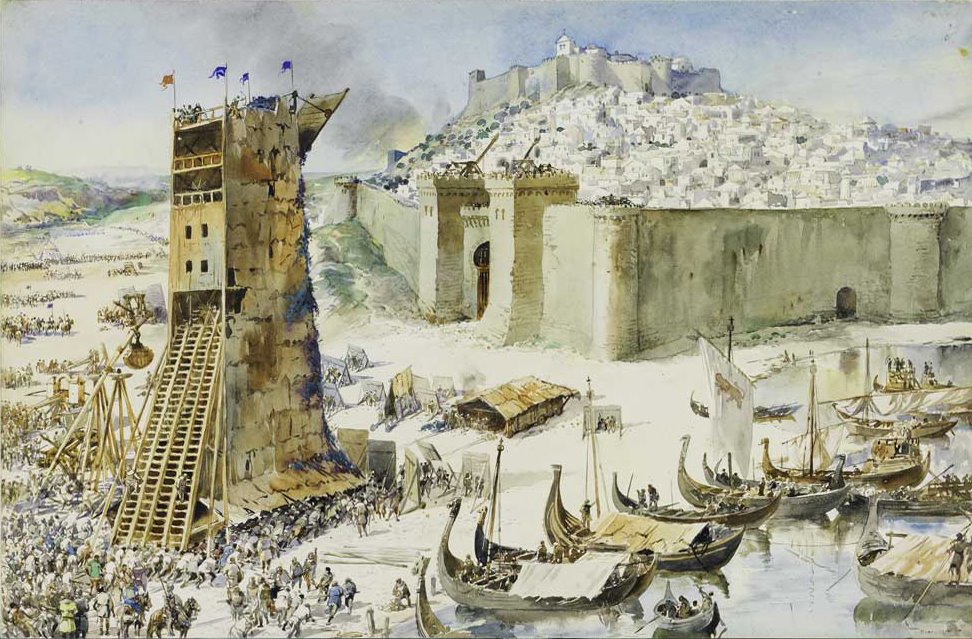 Siege de Lisbonne alors musulmane - on devine l'Alfama sous le chateau - par les Croisés et les Portugais - Peinture de Roque Gameiro