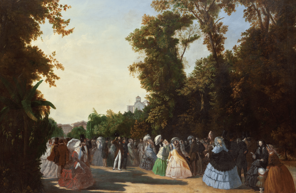 "Vue sur le  Passeio Público" (1856) ancêtre de l'Avenida da Liberdade à Lisbonne, ici au sommet de sa gloire avec le passage du roi par Leonel Marques Pereira