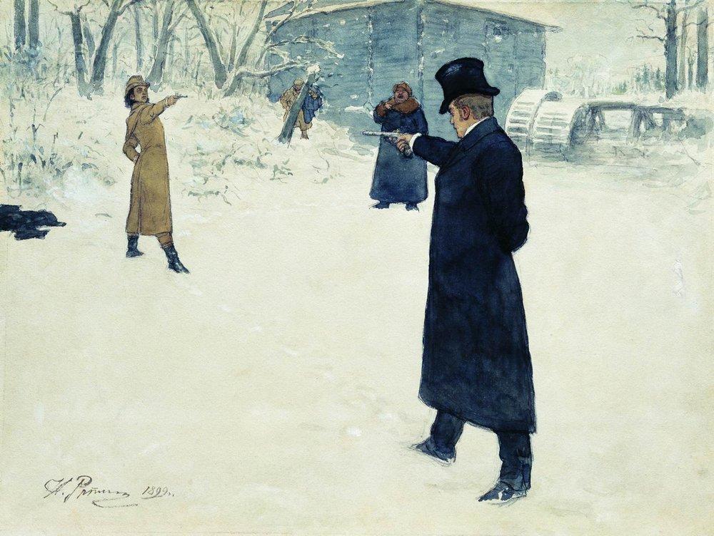 Duel d'Onéguine et de Lensky par Ilia Répine, aquarelle, musée Russe, Saint-Pétersbourg (1899)