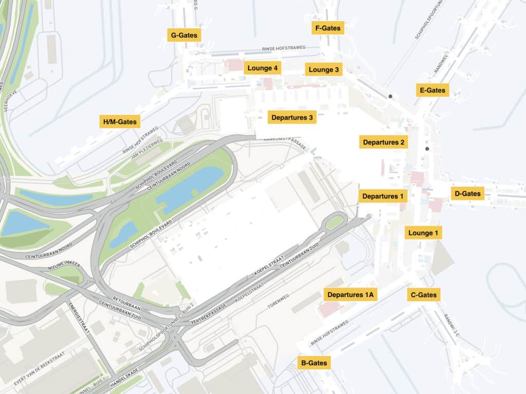 Carte interactive de l'aéroport d'Amsterdam Schipol consultable sur le site officiel.