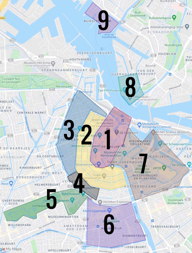 Carte des quartiers d'Amsterdam : 1. Vieille Ville et quartier rouge 2. Quartiers des canaux 3. Quartier de Jordaan avec son côté village 4. Leidseplein, quartier animée en soirée 5. Quartier chic des musées 6. Pijp, ancien quartier populaire 7. Waterlooplein et Plantage, quartiers chics 8. Overhoeks : Nouveau pôle de divertissement 9. NDSM : Nord industriel avec hangars, bars et street art