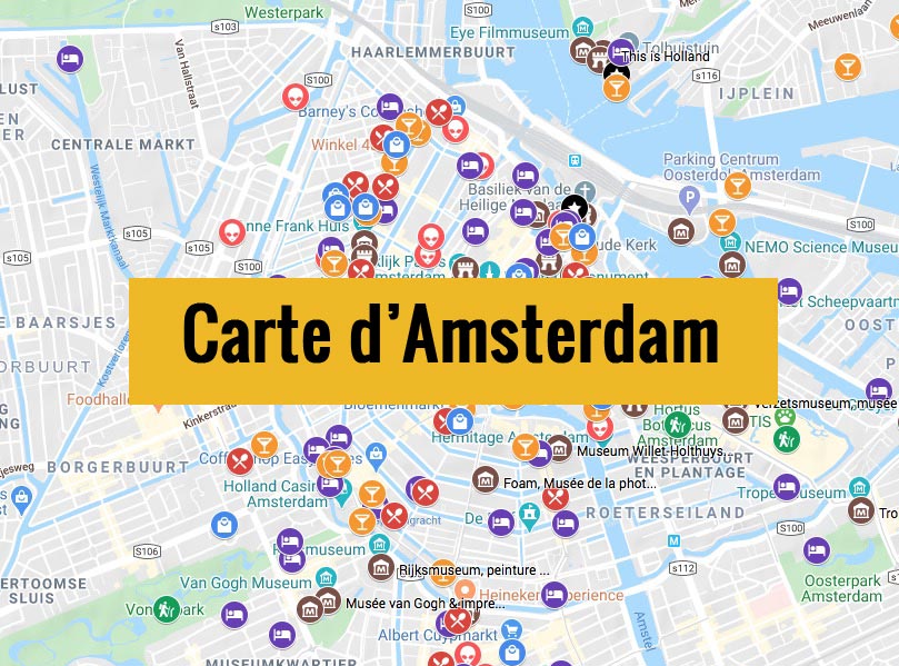 Carte d'Amsterdam aux Pays-bas avec tous les lieux du guide